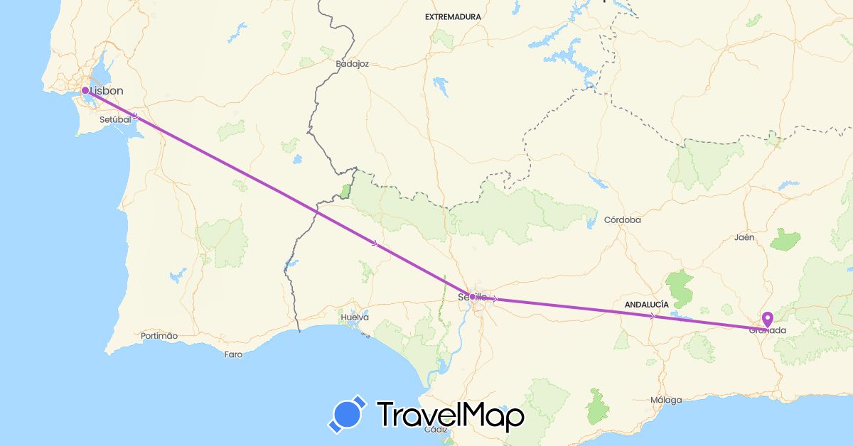 TravelMap itinerary: driving, train in Spain, Portugal (Europe)